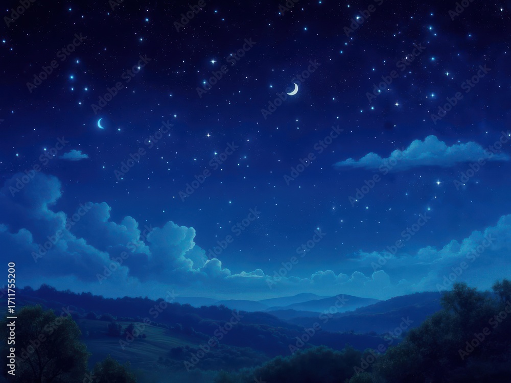 Fototapeta premium A serene night sky over rolling hills, featuring stars and clouds.