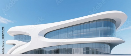 Modern white curved building with large glass windows under a clear blue sky