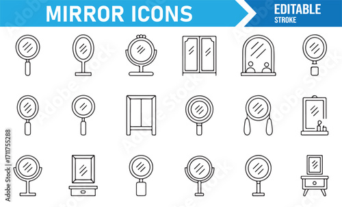 Editable stroke mirror icons pack including oval, round, and vanity styles
