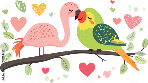 Two adorable cartoon birds a pink flamingo and a green parrot sharing a tender moment perched on a branch surrounded by hearts and leaves