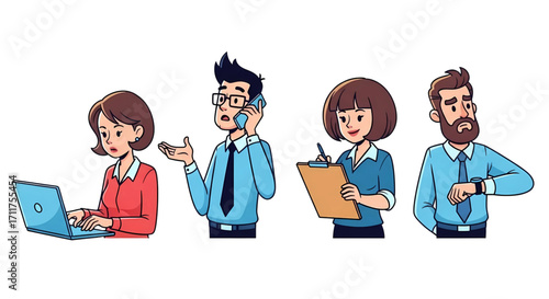 Set of busy cartoon office workers multitasking with a laptop and phone showing a deadline and corporate stress concept.
