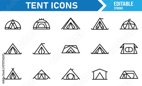 Outdoor camping gear tent vector symbols, minimalist graphic icons