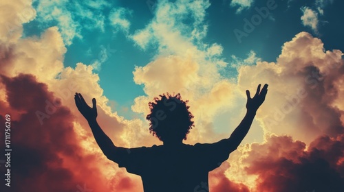 Black person praying with hands raised towards the clouds or heaven, symbolizing faith, worship, and divine guidance, Generative AI