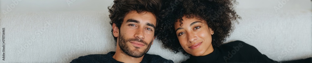 Fototapeta premium A serene mixed-ethnicity couple, cozy sofa whispers, cherished moments, International Day of Friendship vibes, hygge-inspired tranquility