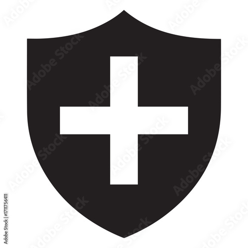 Black shield with white cross on transparent background plus medical