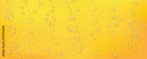 Yellow bubble droplet background. Cool beer or lemonade condensation drops. Fizzy texture horizontal backdrop