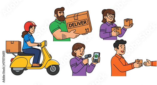 Set of delivery service characters showing the logistics process from shipping to receiving a package.
