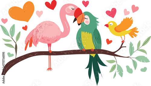Two birds kissing on a branch surrounded by hearts and leaves symbolizing love and romance