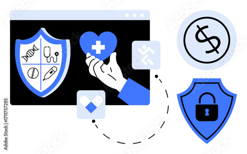 Hand supporting healthcare icons including a heart, medical shield, dollar sign, and padlock. Ideal for digital health, security, insurance, finance, protection wellness simple flat metaphor