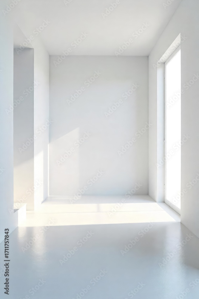 Fototapeta premium A stark white room, bathed in sunlight, minimalist and serene, conveying a sense of peace and finality The image evokes a feeling of quiet departure and the simplicity of the end , pale, end