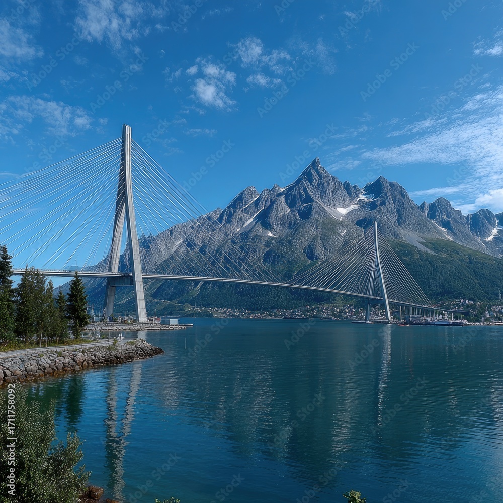 Fototapeta premium Fjord bridge spanning tranquil waters, mountains rise