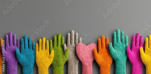 Many colorful hands raised, a symbol of unity and participation
