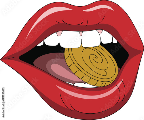 Stylized mouth with red lips, gold coin between teeth, bold pop art design, wealth symbolism, graphic illustration, modern consumer concept