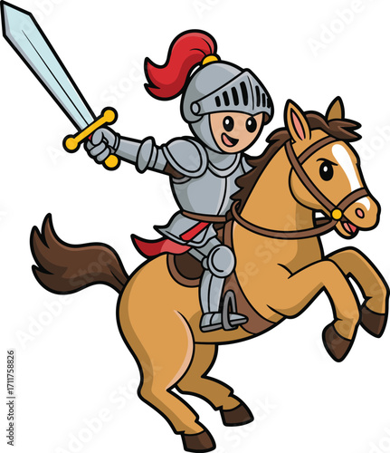 Cartoon knight on rearing horse, joyful sword pose, medieval armor character, fantasy battle scene, heroic illustration, children’s story art, historical adventure