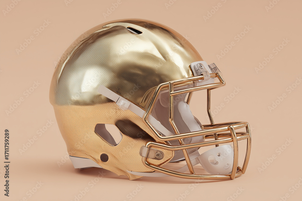 Fototapeta premium Modern football helmet designed in shiny gold color with sleek visor, showcasing contemporary craftsmanship and innovative design elements for sports enthusiasts