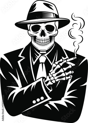 Skeleton in suit with fedora, smoking cigarette, noir style illustration, confident pose, monochrome design, rebellious character, death symbolism, graphic art concept