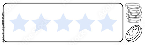 Five stars representing high quality and customer satisfaction, paired with coins to indicate value, success, and rewards. Ideal for reviews, feedback, e-commerce, finance, achievements