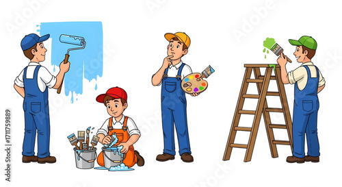 Set of cartoon painter characters in overalls painting walls and doing home renovation and decoration work.
