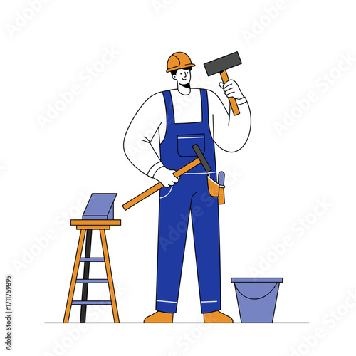 Man in construction overalls holding a hammer and squeegee with a bucket nearby, representing readiness for renovation or cleaning work.
