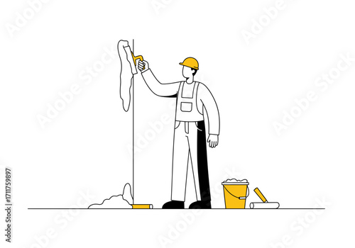 Vector of a construction worker cleaning a wall using soap and a roller, suggesting surface prep or post-construction cleanup.

