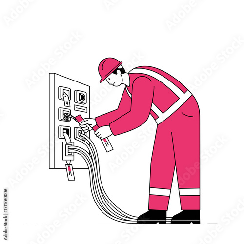 Technician in safety gear wiring an electric control panel, depicting professional electrical installation or maintenance work.
