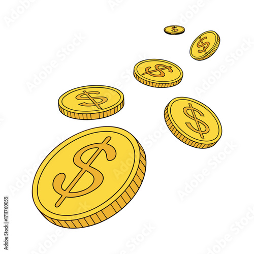 A row of six gleaming gold coins with embossed details