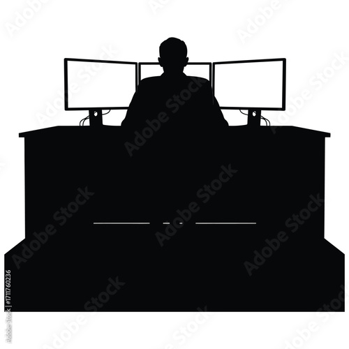 Silhouette of a focused developer working with multiple monitors at a desk in a dark room creating software and coding applications on white background