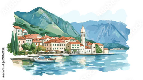 Bay of Kotor. Bay of Kotor watercolor vector illustration