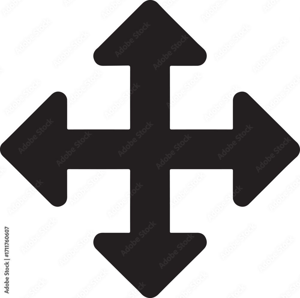 Fototapeta premium Multi-directional arrows in cross shape silhouette icon, vector design for navigation and move.