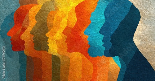 Colorful profile views of many faces, textured, speaking