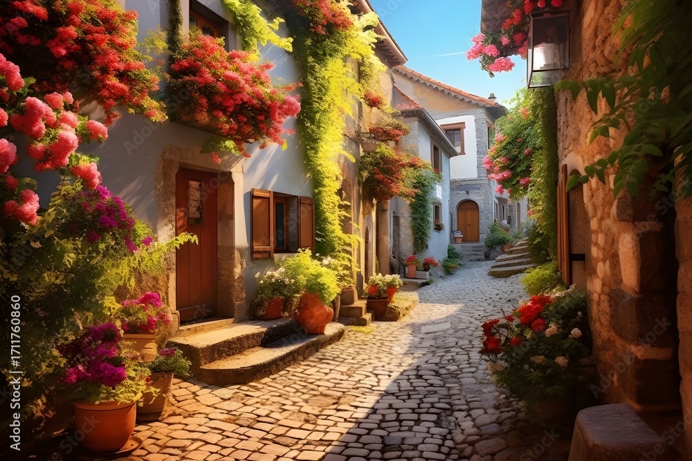 Fototapeta premium Charming cobblestone alleyway in a picturesque European village, historic architecture, quaint narrow street, 8K high-resolution travel photography, scenic old-town charm
