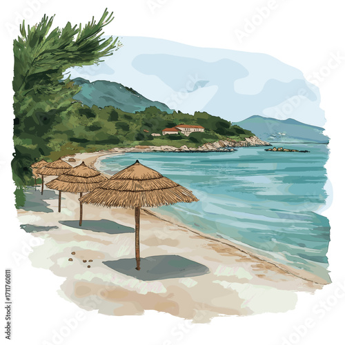 Ksamil Beach. Ksamil Beach watercolor vector illustration