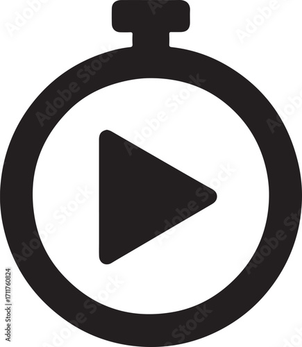 Stopwatch with play button silhouette icon, vector design for timing, start, and control.