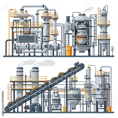 Detailed illustration of a chemical plant refinery with industrial pipelines and processing equipment