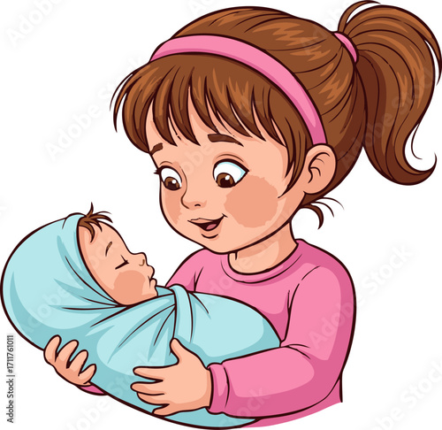 Affectionate Cartoon Girl Holding a Newborn Baby