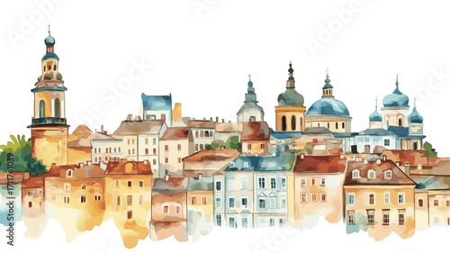 Lviv Old Town. Lviv Old Town watercolor vector illustration