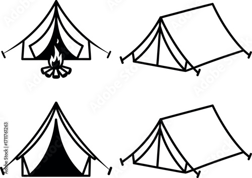 Simple camping tent illustrations with campfire and outdoor adventure elements