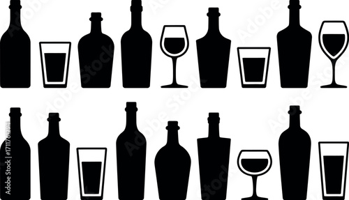Collection of diverse beverage bottles and glasses silhouettes on white background