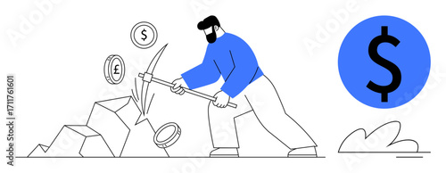 Man with pickaxe extracting coins with currency signs from rocks. Ideal for investment, mining, digital economy, wealth growth, financial strategy, fintech, business innovation. Simple flat metaphor