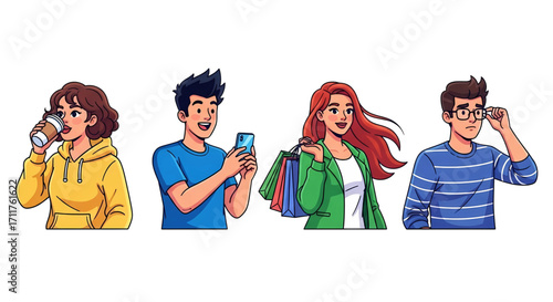 Set of diverse young people characters in casual clothes with a phone shopping bags and coffee.
