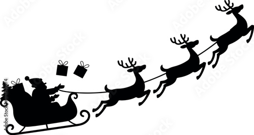 Santa Claus flying in sleigh pulled by reindeer with gifts, spreading holiday cheer