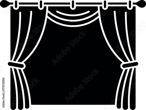 Elegant theatrical curtains open to reveal a dark stage, ready for performance.