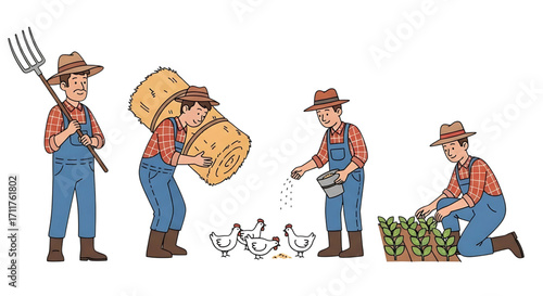 Set of a cartoon farmer character in different poses doing farm work like feeding chickens and carrying hay.
