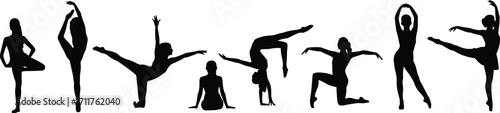 Dance silhouette with women in ballet and yoga poses, fitness exercise, modern choreography, body movement, performing arts, flexibility, vector illustration
