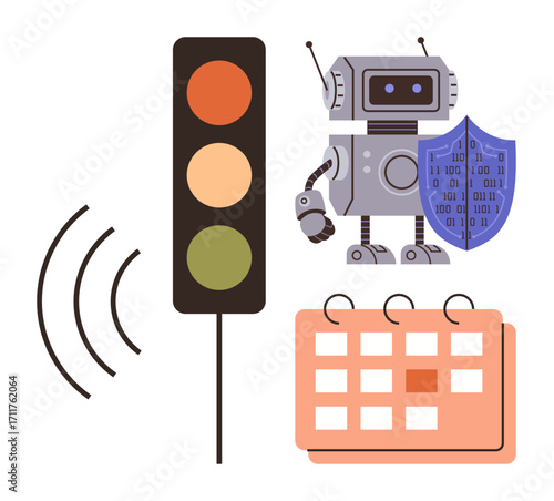 Robot holding a shield with binary code, stoplight indicating signals, and calendar icons for planning. Ideal for technology, automation, AI, cybersecurity, scheduling, process management and simple