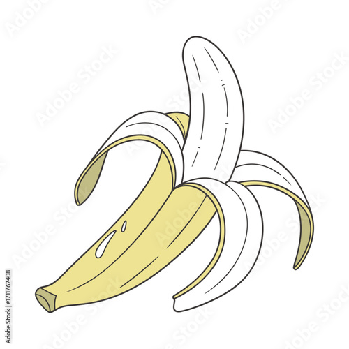 Single ripe banana partially peeled fruit illustration