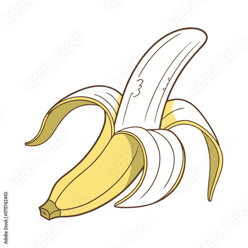A single ripe banana partially peeled illustration