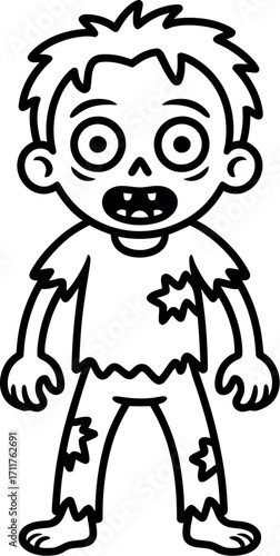 Cartoon zombie child with tattered clothes and wide eyes, an illustration for Halloween