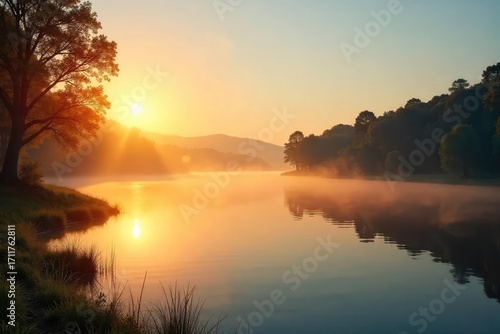 Wallpaper Mural Sunrise over a tranquil lake on a Sunday morning, mist rising, reflecting golden light Peaceful scene signifying renewal and hope A fresh start to the week , shadow, sunrise Torontodigital.ca