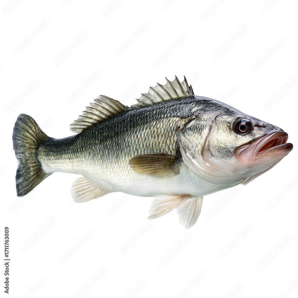 Fototapeta premium Fresh sea bass fish isolated on transparent background, Clipart png 